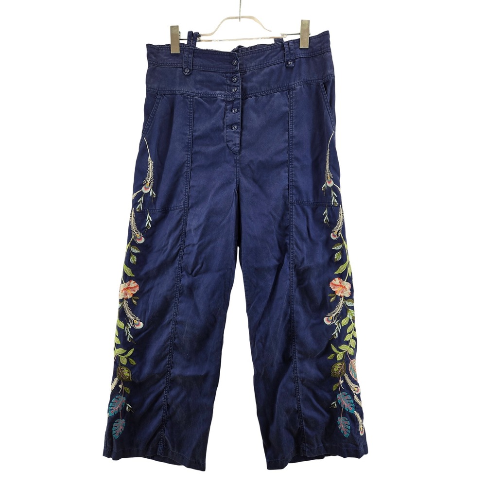 Johnny Was Workshop Emika Blue Embroidered Wide Leg Lyocell Pants No Belt L